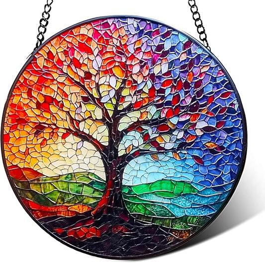 Stained Glass Tree of Life Suncatcher - 7.8In Handcrafted Window Hanging & Wall Art for Home, Living Room, Garden & Outdoor Porch Decor - Birthday, for Women Mom Teacher
