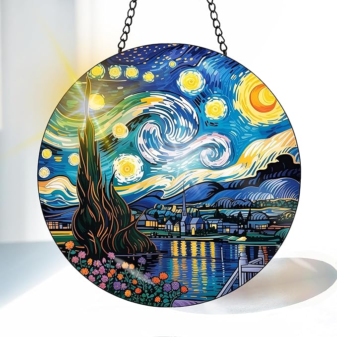 VAIIEYO Starry Night Sun Catcher Stained Glass Window Hanging Ornament, Handmade Sun Catcher Landscape Decoration with Hooks for Window Garden Home, Mother's Day & Birthday Housewarming Gift 7.8 inch