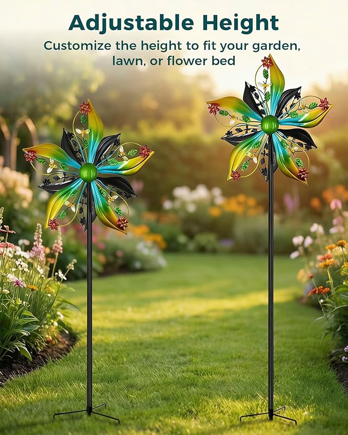 Wind Spinners Outdoor,Kinetic Wind Sculptures & Spinners, 57" Double-Side Metal Wind Spinner for Yard and Garden, Lawn Art Decorations Flower & Bee
