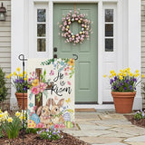 CROWNED BEAUTY Easter Garden Flag He is Risen Cross Bunnies 12x18 Inch Double Sided Floral Holiday Decoration for Outdoor Lawn Yard