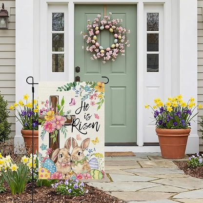CROWNED BEAUTY Easter Garden Flag He is Risen Cross Bunnies 12x18 Inch Double Sided Floral Holiday Decoration for Outdoor Lawn Yard