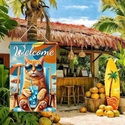 HOMETITUTE Hello Summer Beach Orange Cat Garden Flag 12×18 Inch Double Sided Summer Coastal Seasonal Tropical Pool Yard Flag Summer Cat Garden Flags Tropical Ocean Sea Outside Outdoor House Decoration
