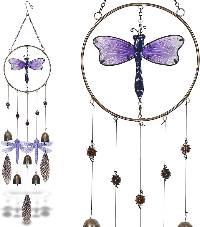 CoTa Global Purple Dragonfly Hanging Metal Wind Spinner Wind Chime - Relaxing Harmonic Indoor or Outdoor Wind Spinner for Yard, Garden, Porch Patio, Beautiful Unique Art Ornament Mobile - 37 Inch