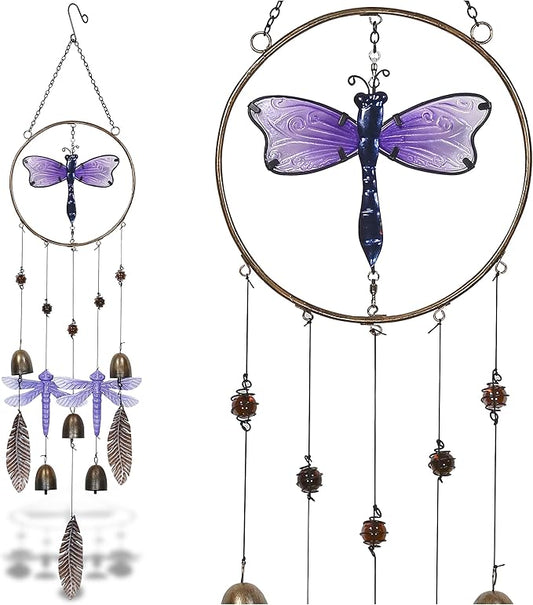 CoTa Global Purple Dragonfly Hanging Metal Wind Spinner Wind Chime - Relaxing Harmonic Indoor or Outdoor Wind Spinner for Yard, Garden, Porch Patio, Beautiful Unique Art Ornament Mobile - 37 Inch