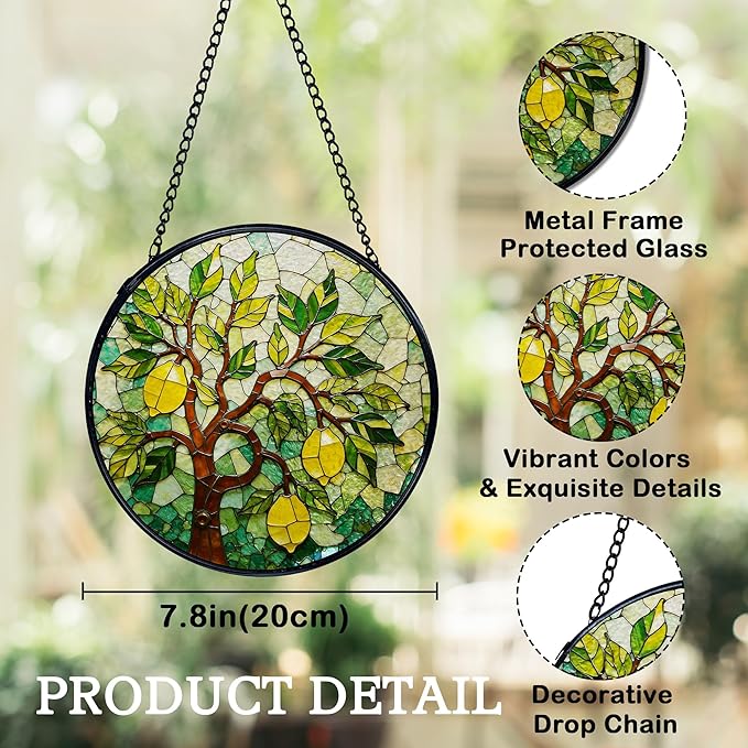 Italian Lemon Kitchen Suncatchers Stained Glass Window Hanging, Lemon Kitchen Decor, Summer Mediterranean Sun Catchers Indoor Window Glass Round Wall Decor, Italian Wall Hanging, 7.9x7.9in