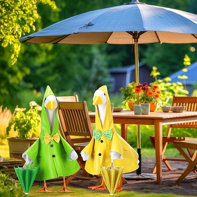 Abbylike 2 Sets Raincoat Porch Goose Outfits Summer Raincoat Yard Goose Duck Clothes Costume with Umbrella Hat Fits Large 23'' Cement for Spring Garden Patio Lawn Statue Pathway Art Decorations