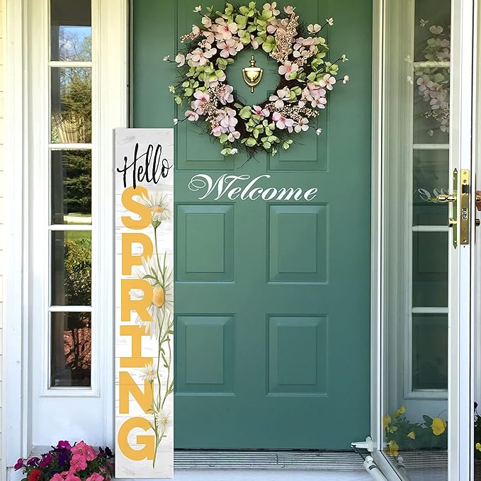 Hello Spring Wooden Porch Sign 47" Spring Large Welcome Porch Sign for Home Front Door Yard Season Decor