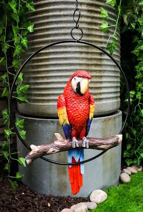 Ebros Patio Home Garden Hanging Scarlet Macaw Parrot Perching on Branch in Metal Round Ring Figurine Sculpture Nature Lovers Tropical Bird Collectors Decor 13.5" H