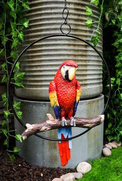 Ebros Patio Home Garden Hanging Scarlet Macaw Parrot Perching on Branch in Metal Round Ring Figurine Sculpture Nature Lovers Tropical Bird Collectors Decor 13.5" H