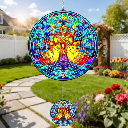 Wind Spinners Outdoor Colorful Tree of Life, 12 inch Laser Cut Metal Art Geometric Pattern Wind Spinners Decor Birthday Gifts for Women, Mom - Hanging Kinetic for Yard, Garden, Patio, Outdoor