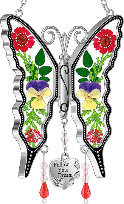 KY&BOSAM Butterfly Suncatcher for Windows Hangings Follow Your Dream Stained Glass Wind Chimes with Pressed Flower Heart Charm Birthday Gifts for Women Mother's Day Valentine's Christmas Home Decor