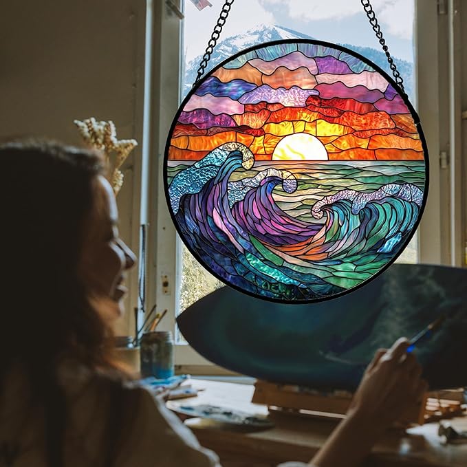 DASTOLL Stained Glass Window Hanging, Clouds and Sea Waves Suncatcher Diamond Glass Panel Hangings Scenery Sun Catchers Decor for Birthday for Women, Men, Wife, Aunt, and Mom 14.9 in