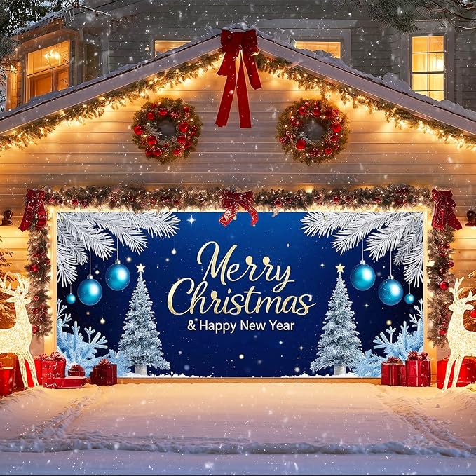 IVN Christmas Garage Door Cover Decoration 13x6ft Snowy Night Trees with Ornaments Blue Holiday Christmas Garage Door Banner Home Door Front Yard Decor for Xmas Eve Holiday Outdoor