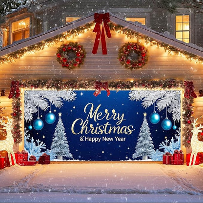 IVN Christmas Garage Door Cover Decoration 13x6ft Snowy Night Trees with Ornaments Blue Holiday Christmas Garage Door Banner Home Door Front Yard Decor for Xmas Eve Holiday Outdoor