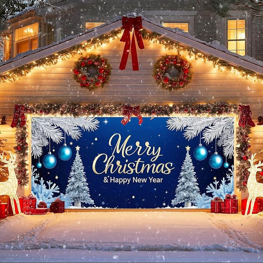 IVN Christmas Garage Door Cover Decoration 13x6ft Snowy Night Trees with Ornaments Blue Holiday Christmas Garage Door Banner Home Door Front Yard Decor for Xmas Eve Holiday Outdoor
