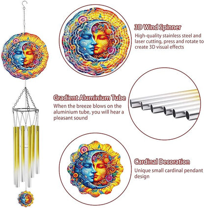 Wind Chime with Sun and Moon Spinner, Celestial Gift for Women, Hanging Metal Wind Catcher with 2" Center Pendant, 6" 3D Stainless Steel Kinetic Art for Garden Yard Décor