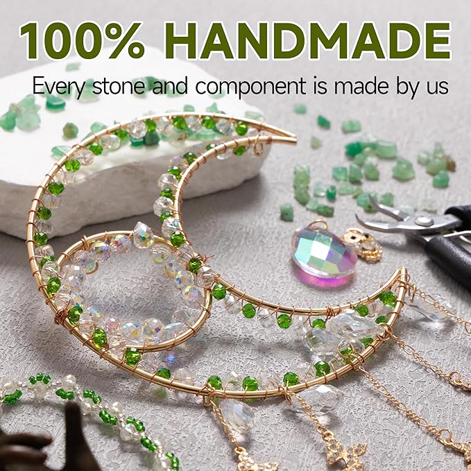Sun Catcher Rainbow Maker with Moon Shape Natural Green Stones and Various Crystal Shapes Unique Crystal Decoration for Home or as a Gift Stunning Light Refraction and Colorful Display