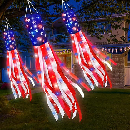 3 Pack 60 Inch Large American Flag Windsocks with Red White Blue Lights, 4th of July Decorations 250th Anniversary Patriotic USA Wind Sock for Outside Heavy Duty Memorial Day Yard Outdoor Decor