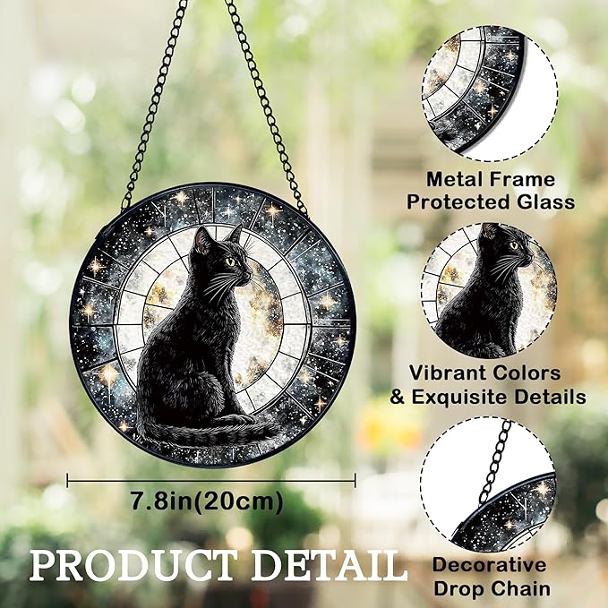Black Cat Moon Suncatchers Stained Glass Window Hanging, Celestial Black Cat Sun Catchers Indoor Window Glass Round Wall Decor, Moon and Stars Wall Hanging Decorations, 7.9x7.9in