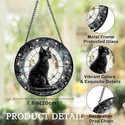 Black Cat Moon Suncatchers Stained Glass Window Hanging, Celestial Black Cat Sun Catchers Indoor Window Glass Round Wall Decor, Moon and Stars Wall Hanging Decorations, 7.9x7.9in