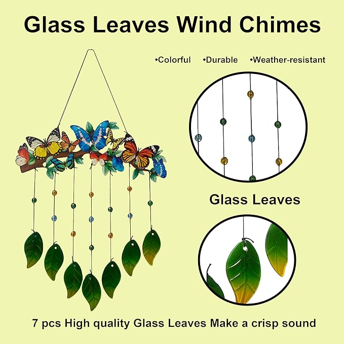 Butterfly Wind Chimes Outdoor - Colorful Metal & Glass Leaves Hanging Decor for Garden, Yard, Porch