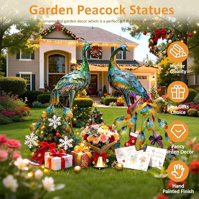 Kircust Metal Peacock Sculptures - Set of 2 Outdoor Garden Yard Art, Durable Weather-Resistant Lawn Statues, Hand-Painted, 30.7" H - Ideal for Backyard, Patio, and Porch Decor
