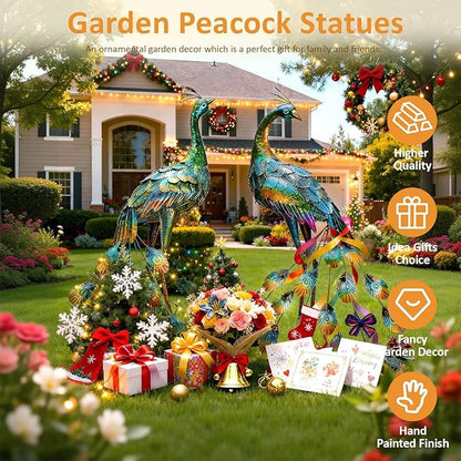 Kircust Metal Peacock Sculptures - Set of 2 Outdoor Garden Yard Art, Durable Weather-Resistant Lawn Statues, Hand-Painted, 30.7" H - Ideal for Backyard, Patio, and Porch Decor