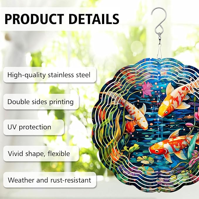 Koi Fish Wind Spinner, Koi Fish Stained Glass Wind Spinner, Wind Sculpture Koi Fish Wind Spinners for Garden Patio Yard Decor