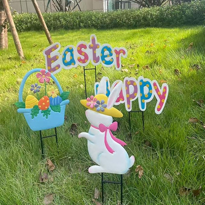 Easter decor Garden Stakes Set of 4,Easter decorations outdoor,Easter outdoor decorations yard,Metal easter yard decorations outdoor,Easter outdoor decorations, Easter Rabbit & Egg Yard Signs.