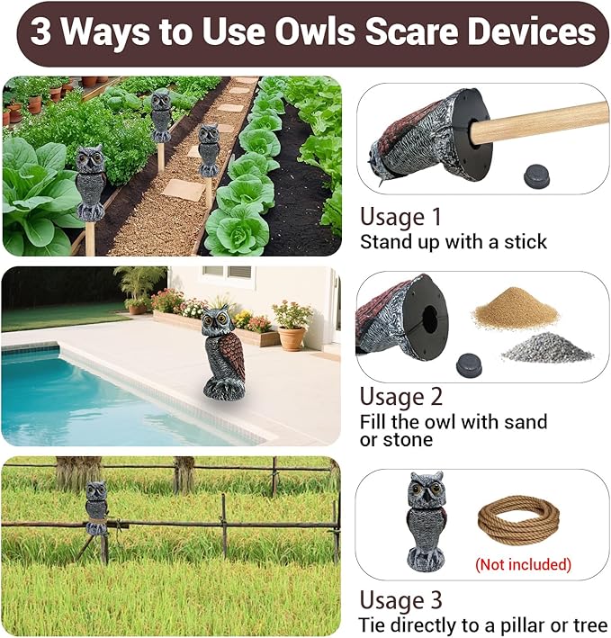 Fake Owl Decor - Rotating Head Garden Scarecrow for Outside Orchard Farm, Waterproof Outdoor Garden Statues, Plastic Owl Decor for Home Patio Yard Decorations