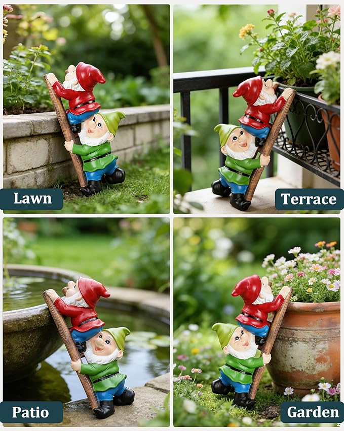 Climbing Garden Gnome with Ladder, Funny Outdoor Statue for Yard Decor Gift for Mom, Women