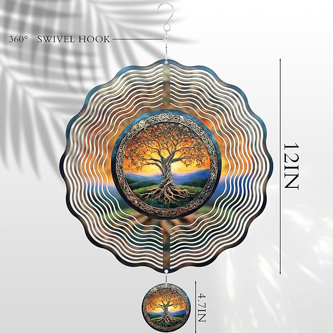 Tree of Life Wind Spinner - 3D Stainless Steel Kinetic Spinning Hanging Decor for Outdoor Garden Patio Porch 12 Inch Art Ornaments Christmas Decoration Birthday Gifts for Women Mom Grandma