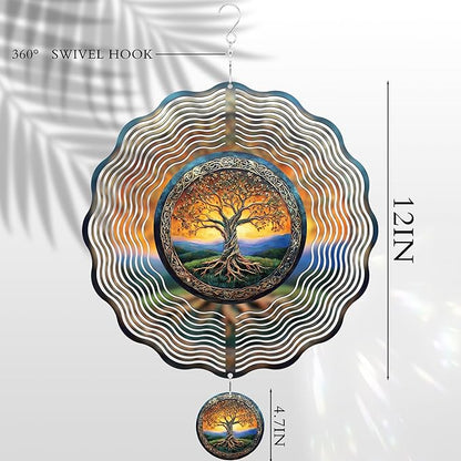 Tree of Life Wind Spinner - 3D Stainless Steel Kinetic Spinning Hanging Decor for Outdoor Garden Patio Porch 12 Inch Art Ornaments Christmas Decoration Birthday Gifts for Women Mom Grandma