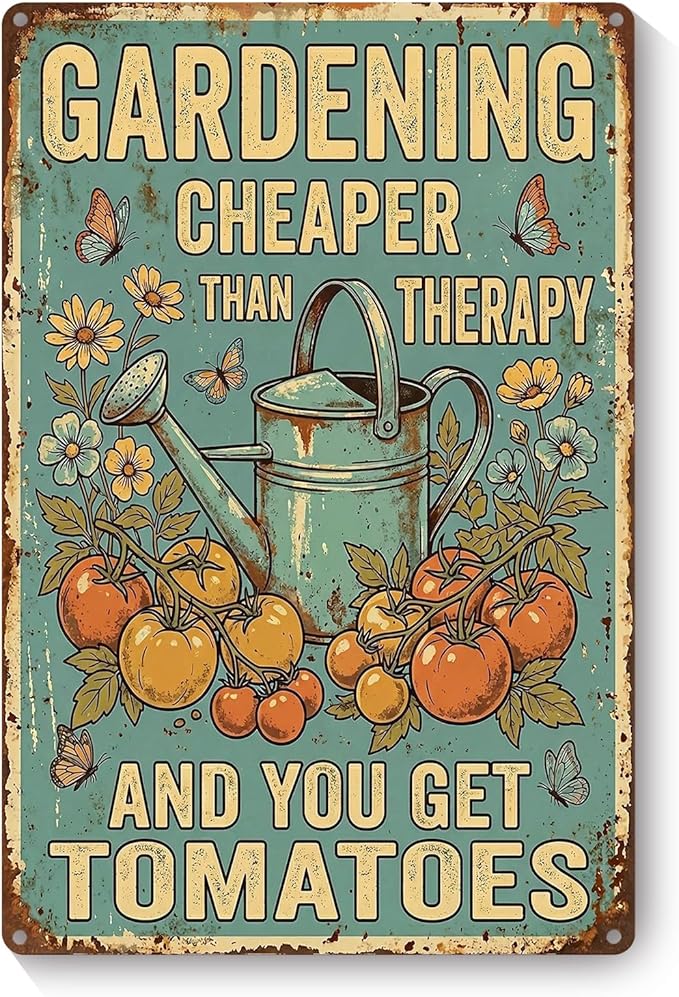 Vintage Metal Garden Sign, Gardening Cheaper Than Therapy Wall Decor, Funny Gardening Gifts for Women, Home Patio Yard Art, 8 x 12 Inches