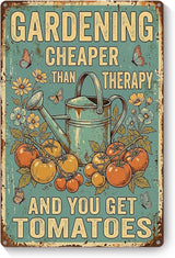 Vintage Metal Garden Sign, Gardening Cheaper Than Therapy Wall Decor, Funny Gardening Gifts for Women, Home Patio Yard Art, 8 x 12 Inches