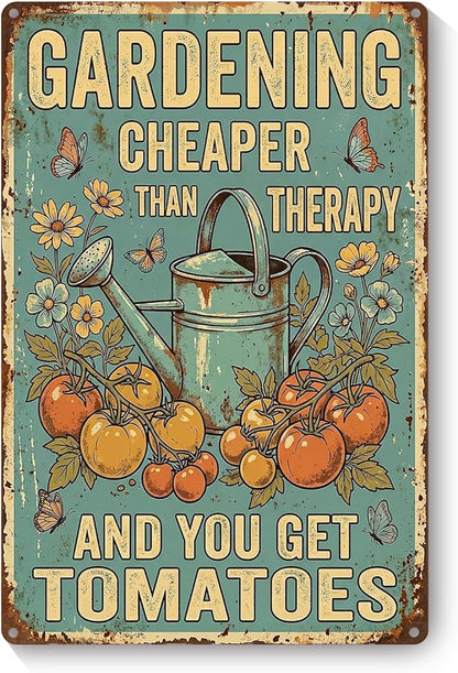 Vintage Metal Garden Sign, Gardening Cheaper Than Therapy Wall Decor, Funny Gardening Gifts for Women, Home Patio Yard Art, 8 x 12 Inches
