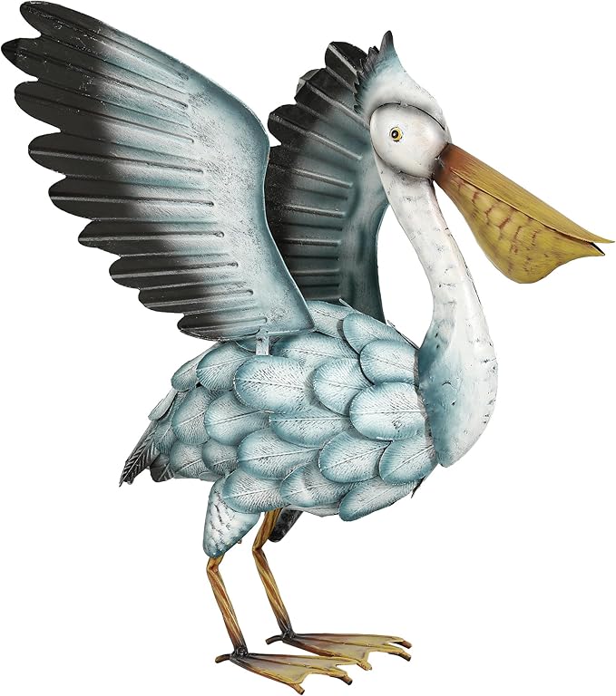 Metal Pelican Garden Staue, 18.5in Large Coastal Pelican Outdoor Yard Art Decor with Hand-Painted Blue & White Finish, Lifelike Bird Sculpture for Backyard Pond, Patio, Flowerbed or Home Decor