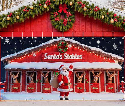 Christmas Decorations Garage Door Cover, 16 x 7 ft Santa's Stables Xmas Garage Door Banner Covering Mural Backdrop Background, Holiday Party Wall Decor Indoor Outdoor