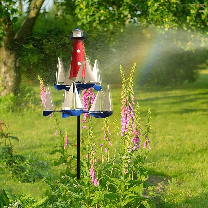Kinetic Art Wind Sculpture - Summer Lighthouse Sailboat Windmills, Nautical Art Garden Windmills, Large Metal Sailboat Wind Spinners Decor for Outdoor Yard and Garden (1pc)