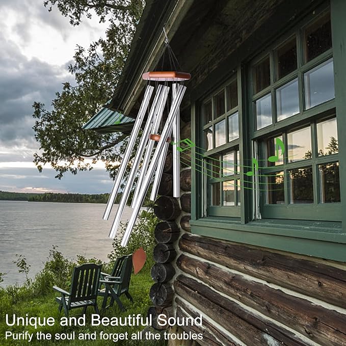 Sympathy Wind Chimes for Outside Deep Tone, Memorial Loss of a Loved, Large Wind Chimes with 6 Thicken Tubes & Hook, Outdoor Gifts Mother, Garden Decor (45IN Silver)