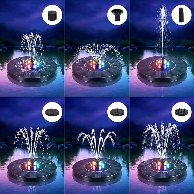 Solar Fountain for Bird Bath with Lights, Solar Bird Bath Fountains with 7 Nozzles, Outdoor Solars Water Fountain Pump for Birds Baths, Garden, Pool, Pond