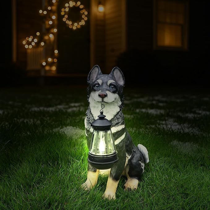 Husky Dog Garden Statue with Solar Lantern, 14.2" Outdoor Resin Puppy Figurine with Welcome & On Patrol Sign, Waterproof Pet Sculpture for Patio Yard Porch Decor, Dog Lover Gift