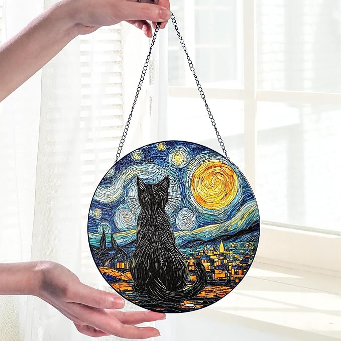 Starry Night Black Cat Stained Glass Suncatcher Window Hanging Decor for Garden, Cat Suncatcher Window Panel Gifts for Cats Lovers, Memorial Gifts for Pet Loss Sympathy Gift for Outdoor Decorations