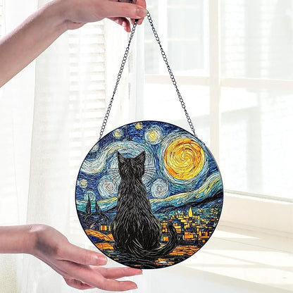 Starry Night Black Cat Stained Glass Suncatcher Window Hanging Decor for Garden, Cat Suncatcher Window Panel Gifts for Cats Lovers, Memorial Gifts for Pet Loss Sympathy Gift for Outdoor Decorations