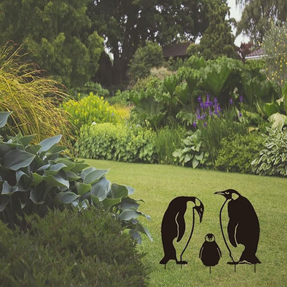 Iron Cast Animal Stake Statue,Outdoor Penguin Family Yard Decor,Black Metal Penguin Art Garden,Rustic Penguin Silhouette Decor for Yard Garden,Birds Silhouette Statue Lawn Backyard Outdoor Decoration