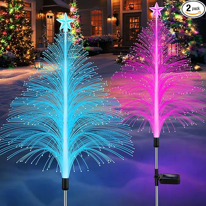 MRHEPHAESTUS Solar Christmas Decorations, 2 Pack 38.5 Inch 7 Color Changing Jellyfish Lights with 5 Layer Optical Fiber Solar Flower Lights for Outdoor Xmas Yard Garden Pathway Decor