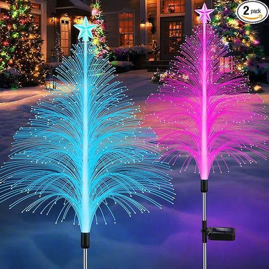 MRHEPHAESTUS Solar Christmas Decorations, 2 Pack 38.5 Inch 7 Color Changing Jellyfish Lights with 5 Layer Optical Fiber Solar Flower Lights for Outdoor Xmas Yard Garden Pathway Decor