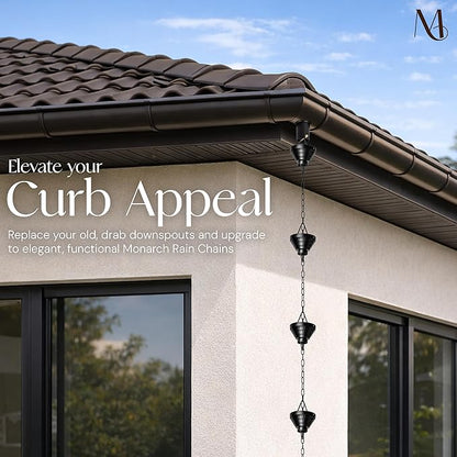 Monarch Rain Chains Aluminum Siam Rain Chain, 8.5 ft Black Powder Coated Aluminum Decorative Rain Catcher Chain for Gutters, Aluminum Rain Gutter Replacement Downspout