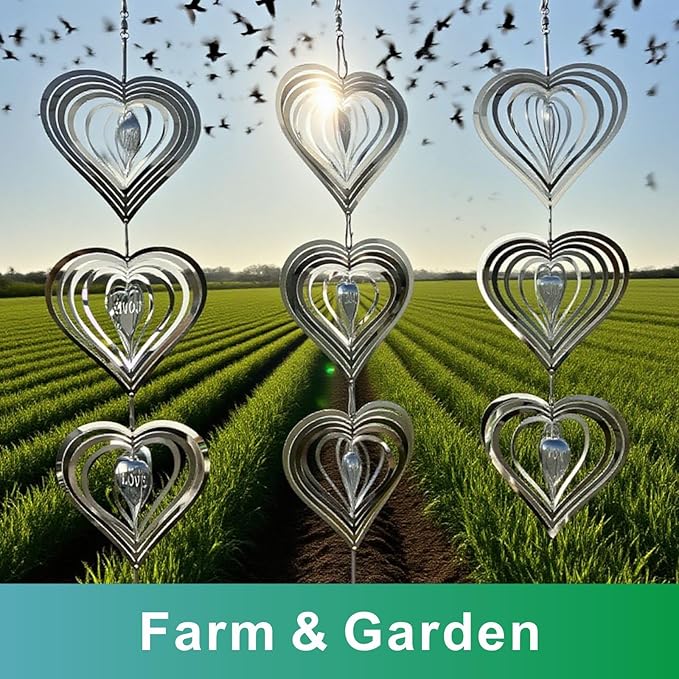 Shiny Metal Bird Reflectors Wind Spinners 360° Wind-Spinning Quiet Reflective Bird Deterrent Decor for Small Yard Orchard Bird-Prone Areas (Heart-Shaped/Silver / 9 Pcs / 3 Set)