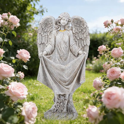 basen Angel Garden Statue Outdoor, Memorial Angel Figurine for Grave Yard Lawn, Resin Praying Angel Sculpture for Cemetery Decoration, Sympathy Gift, Spiritual Garden Decor